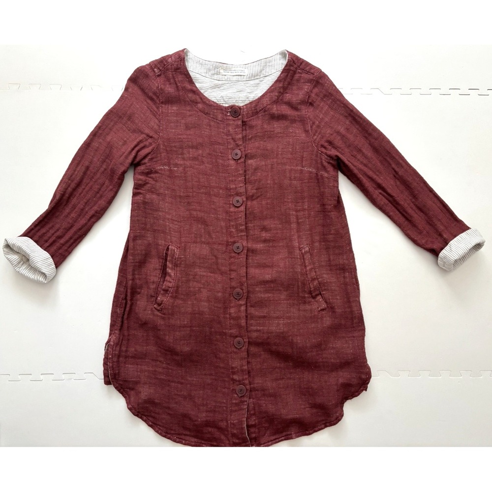 Womens Linen Tunic Shirt Topper Button Up Long Sleeve Pockets - Size S? Burgundy